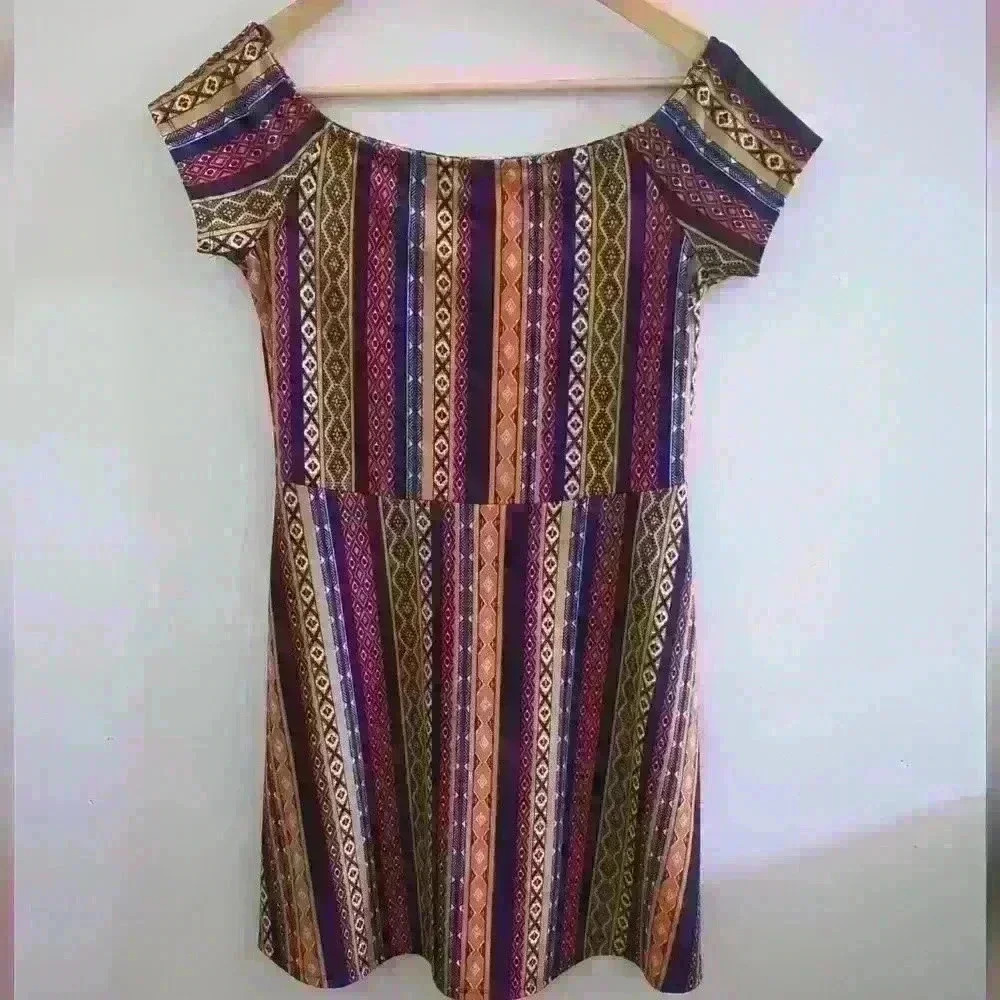 BLUENOTES | Women's Navy/Orange/Tan Geometric  Short Sleeved Mini Dress